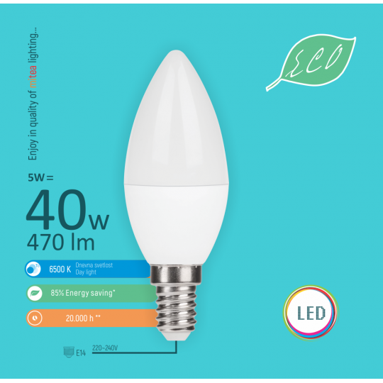 Sijalica LED E14 5W C36 6400K LED ECO sijalica 220-240V Mitea — slika 2