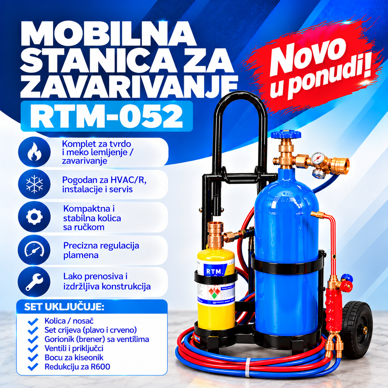 Stanica za zavarivanje RTM-052 sa bocom za kiseonik, brenerom, crijevima i redukcijom za R600a — slika 1